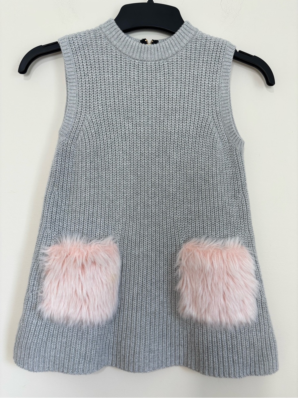 J. Crew Crew Cuts Soft Pink Faux Fur Pockets Sleeveless Gray Cotton Knit Dress 3